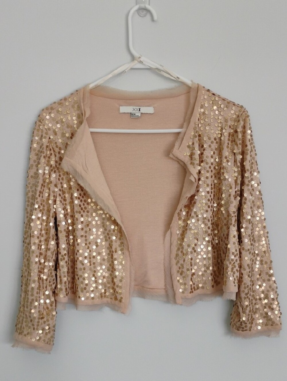 XXI Gold Sequin Blush Cropped Bolero Jacket Shrug Coquette Mesh Ruffle EUC M